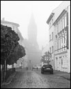 Rosenstraße und Rathausturm im Nebel